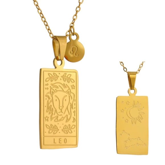 Jewelry - NEW 18K Gold Plated Leo Sign Zodiac Tarot Card Square Pendant Neck…